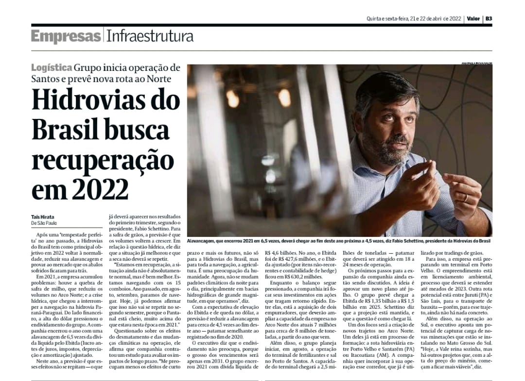 Valor Econômico | Hidrovias do Brasil busca recuperação em 2022